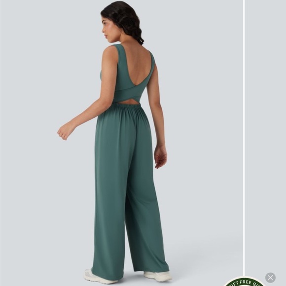 Halara Airy Wide Leg Cool Touch Yoga Jumpsuit with Pockets-Easy Peezy Teal Sz XL - Picture 2 of 14